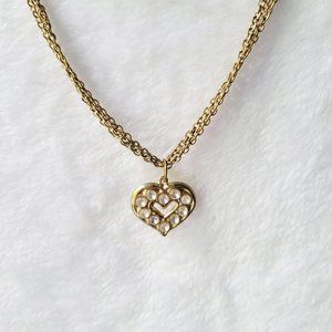 Gold Colored Heart Necklace Triple Chain Cubic Zir